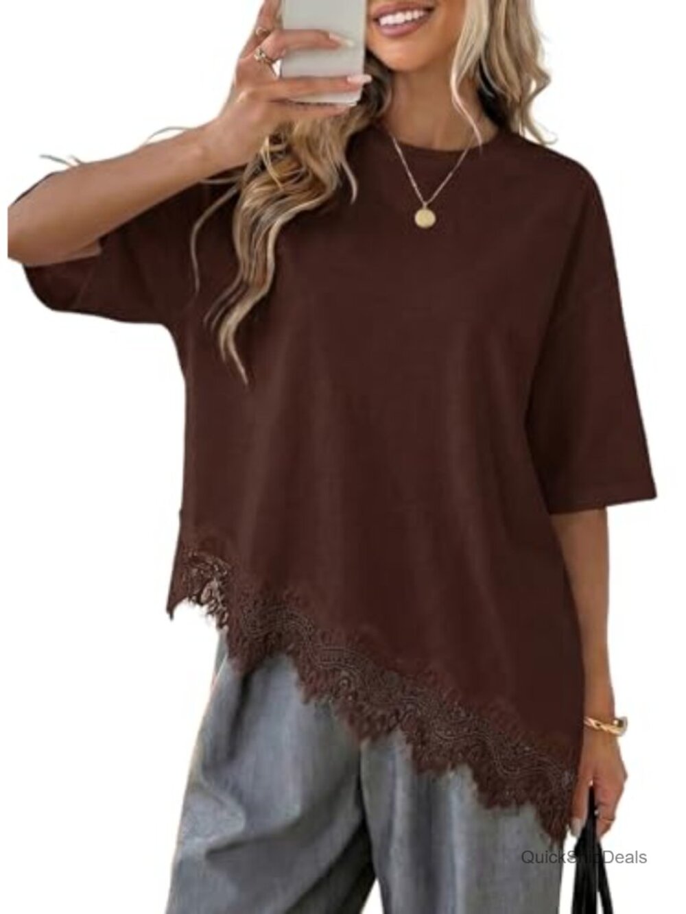 Lace Hem Asymmetrical Top Women Loose Fit Crew Neck Half Sleeve Shirt
